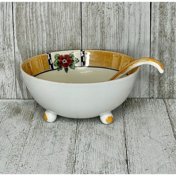 Vintage Noritake Lusterware Porcelain Footed Bowl & Spoon - Picture 3 of 9